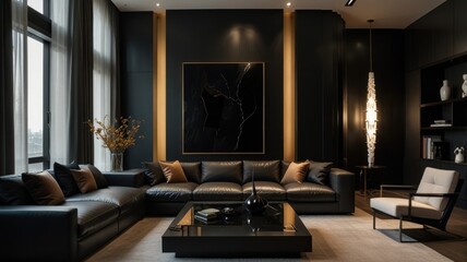 Luxurious living room with a stunning deep black color palette. Luxury leather sofa, decorated with soft cushions. Textured wall panels and a flickering fireplace create a warm and inviting atmosphere