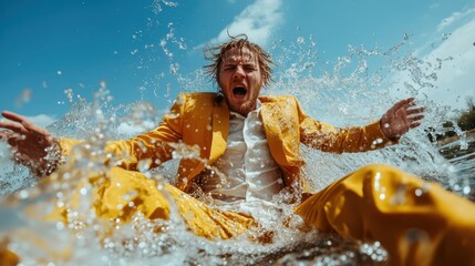 A man in a bright yellow suit is energetically splashing in water, with a look of joyful surprise on his face, capturing the essence of playful freedom and spontaneity.