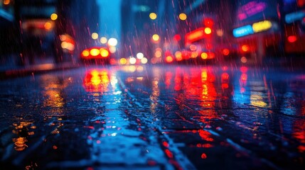 Vibrant cityscape reflections capturing the essence of rainy nights with illuminated streets and bokeh lights