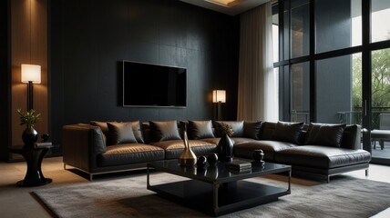 Luxurious living room with a stunning deep black color palette. Luxury leather sofa, decorated with soft cushions. Textured wall panels and a flickering fireplace create a warm and inviting atmosphere