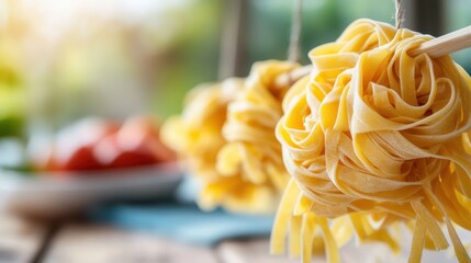 A detailed image of raw pasta nests hanging to dry on a rod with a blurred background, showcasing the texture and craft of traditional Italian culinary arts.