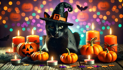 Black Cat with Witch Hat on Wooden Table with Pumpkins and Candles, Magical Halloween Vibes, Glitter, and Violet-Orange Bokeh, Seasonal Background, Wall Art, 4K Wallpaper, Frame TV Art