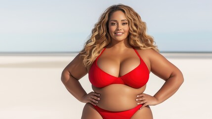 Fototapeta premium Confident plus-size woman in a vibrant red bikini enjoys a sunny day at the beach, radiating positivity and self-love