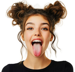 Woman young and playful girl with funny tongue out and bright isolated portrait grimace trendy positive, cheerful smile with casual fun expression