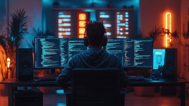 Immersive coding environment a programmer's journey into the digital realm with dual monitors and neon lights