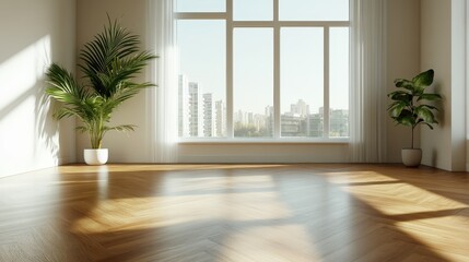 Fototapeta premium An empty interior space featuring a striking wooden herringbone floor and a large window, boasting abundant natural light and a view of a city skyline in the distance.
