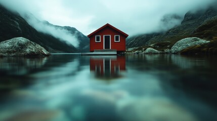A red boathouse stands over a tranquil lake, its reflection mirroring the serene ambiance, while surrounded by misty landscapes that evoke a sense of peace.