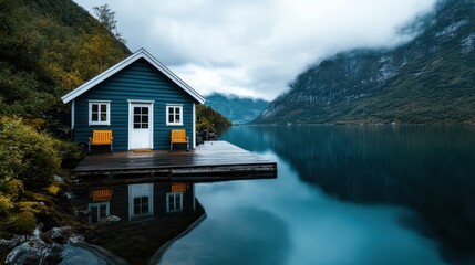 Fototapeta premium A charming blue cabin stands at the edge of a tranquil lake, overlooked by towering fog-draped mountains, creating a peaceful and majestic natural scene.