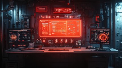 Obraz premium Futuristic control room with red neon displays and advanced technology interfaces in a sci-fi environment