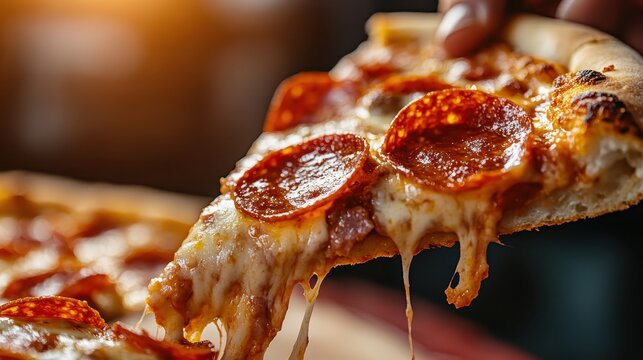 A close-up of a steaming hot pepperoni pizza slice being lifted, showcasing melted cheese strands and a crispy crust, perfect for a delightful meal experience. - Powered by Adobe