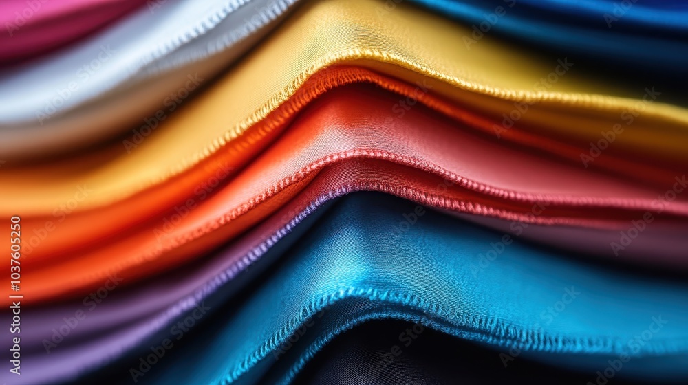 Poster stacks of colorful fabric perfectly aligned in a visually captivating arrangement, demonstrating the