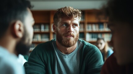 A bearded man with a stylish haircut sits in a library, looking thoughtful as he is surrounded by books, embodying contemplation and knowledge.