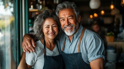 Fototapeta premium A happy senior couple in their kitchen, both wearing aprons and smiling warmly, symbolizing love, companionship, and the joy of cooking together.