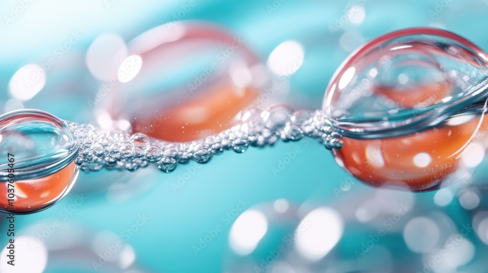 Poster an abstract close-up capture of bubbles suspended in a clear liquid, highlighting the intriguing pla