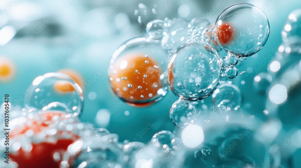 Poster an imaginative portrayal of floating bubbles in liquid, showcasing fluid reflections and dynamic mov