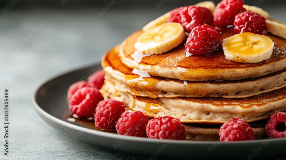 Poster an appetizing stack of pancakes layered with banana slices and sprinkled with raspberries, highlight