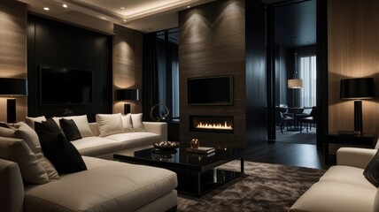 Fototapeta premium Luxurious living room with a stunning deep black color palette. Luxury leather sofa, decorated with soft cushions. Textured wall panels and a flickering fireplace create a warm and inviting atmosphere
