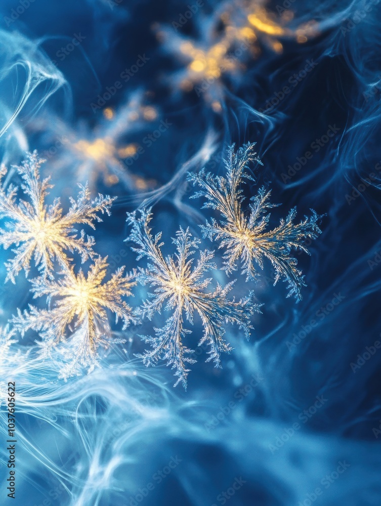 Poster delicate snowflakes twinkle amidst swirling blue textures, creating a magical winter atmosphere fill