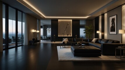 Luxurious living room with a stunning deep black color palette. Luxury leather sofa, decorated with soft cushions. Textured wall panels and a flickering fireplace create a warm and inviting atmosphere