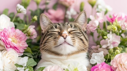 A delighted cat sits blissfully among vibrant flowers, showcasing a joyful grin in a colorful garden setting