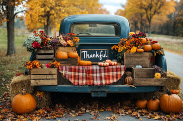 A blue truck is decorated with pumpkins, flowers, and a sign that says Thankful in a fall scene. Thanksgiving day
