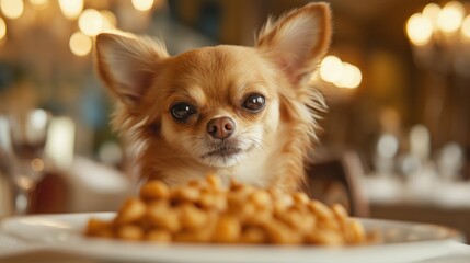 A Chihuahua critiques its gourmet meal in an elegant restaurant setting with a discerning gaze