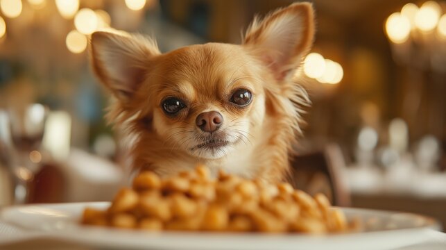 A Chihuahua critiques its gourmet meal in an elegant restaurant setting with a discerning gaze