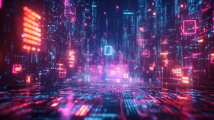 A vibrant network of floating geometric shapes illuminated by glowing circuits and pulsating data streams in a dynamic digital landscape
