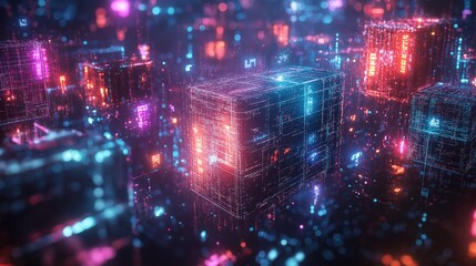 Fototapeta premium A vibrant network of floating geometric shapes illuminated by glowing circuits and pulsating data streams in a digital realm at twilight