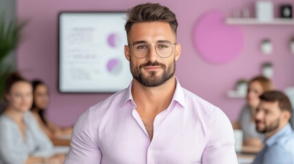 Obraz premium Confident office employee delivers a captivating presentation in a modern conference room to engaged colleagues