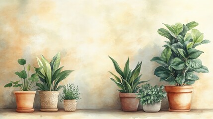 Fototapeta premium A warm and inviting watercolor illustration of a houseplant corner with pothos, snake plant, and fiddle leaf fig in decorative pots