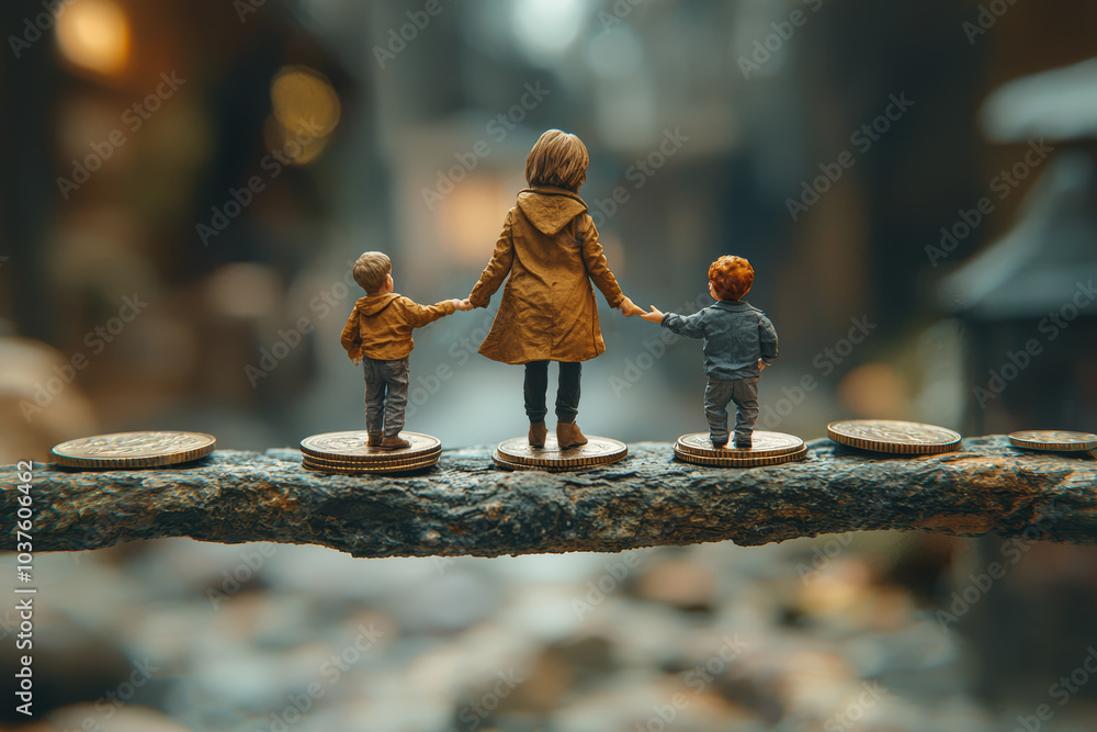 Poster a person balancing work tasks while caring for children, symbolizing the challenges of maintaining w