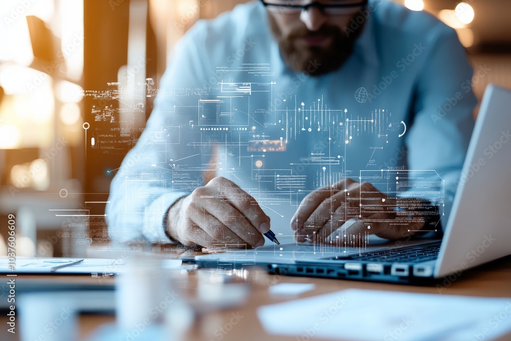 Poster a man is engaged in work, using a pen and laptop with digital overlay graphics, emphasizing technolo