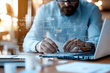 A man is engaged in work, using a pen and laptop with digital overlay graphics, emphasizing technology's role in creative and analytical processes.