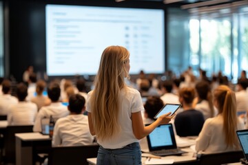 A woman uses a tablet during a presentation in a conference room filled with participants, emphasizing technology's role in communication and collaboration.