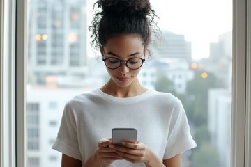 Fototapeta premium A young woman with curly hair and glasses looks at her smartphone with a soft expression, suggesting focus, curiosity, and modern connectivity.