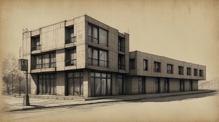 Obraz premium A pencil sketch of a modern concrete building with large windows.