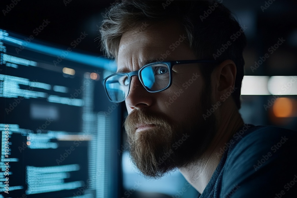 Poster a man intensely concentrates on three glowing computer screens in a dark room, immersed in data anal