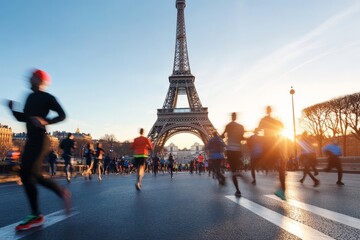 Runners, depicted in vivid motion blur, race on a street under the Eiffel Tower at sunrise, combining athleticism and Paris landmarks within a vibrant, joyful scene.
