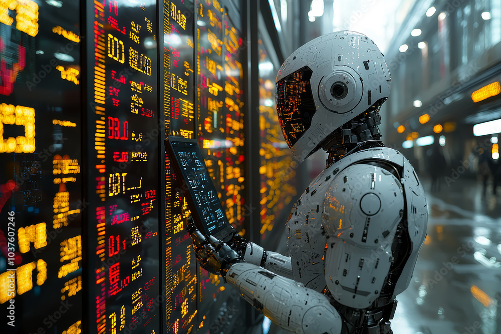 Poster a machine learning algorithm predicting market trends, representing ai's role in financial forecasti