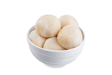 Rice balls in a white bowl on a white isolated background