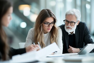 Fototapeta premium A team of professionals collaborates around a table in a modern office, focusing on teamwork, communication, and strategic planning for business success.