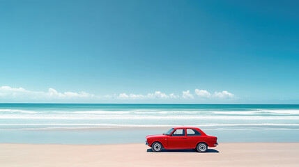 RETRO vintage LITTLE RED car automobile on the road trip ON THE COAST HIGHWAY BLUE SKY BACKGROUND 