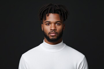 Obraz premium A man with a serious expression wears a white turtleneck against a dark studio background, representing simplicity and depth in portrait photography.