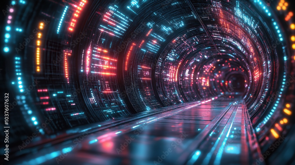 Poster journey through a vibrant futuristic tunnel pulsing with digital pathways and swirling light particl