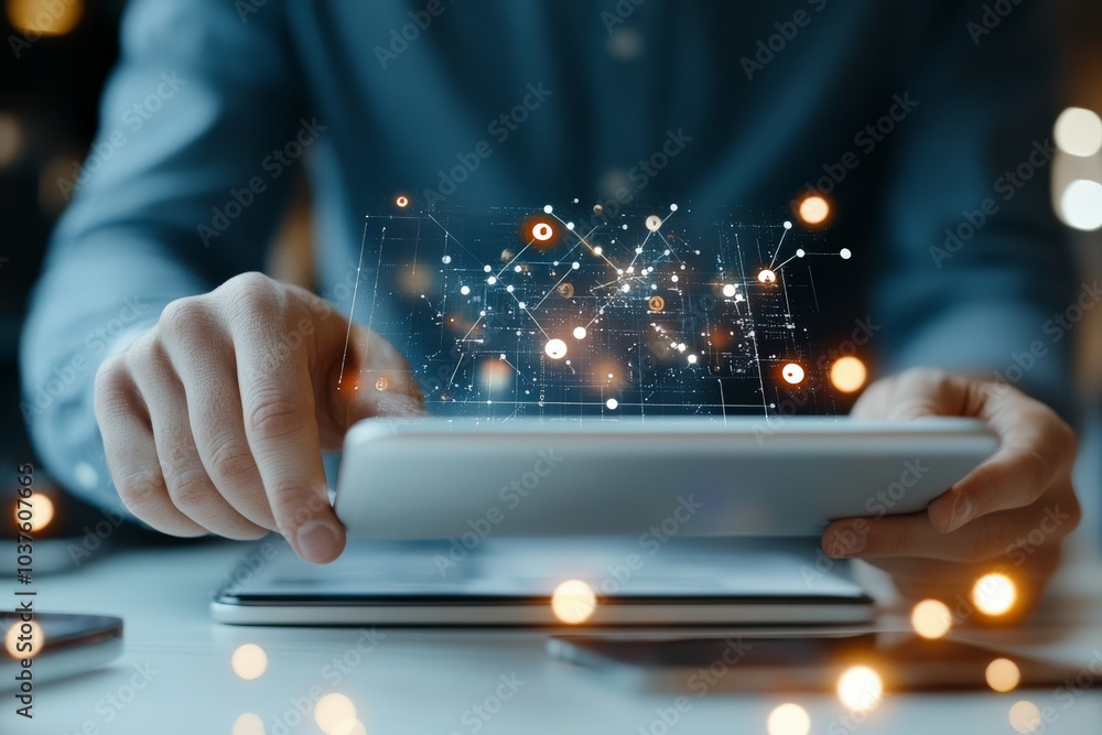 Poster hands using a tablet with futuristic graphics that symbolize digital innovation and modern technolog