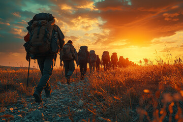 A group of refugees crossing a border, symbolizing the human impact of global migration. Concept of global migration.