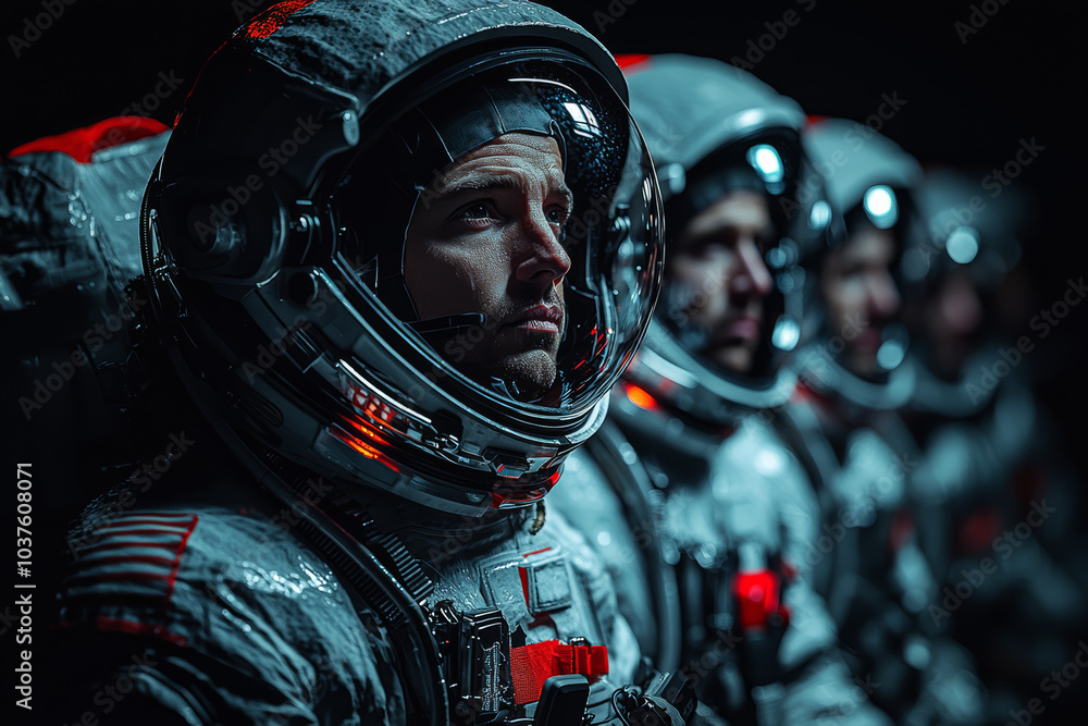 Poster a group of astronauts training for deep-space missions, emphasizing the preparation required for int