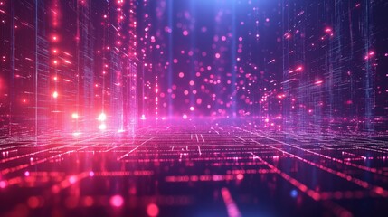 Obraz premium A vibrant digital network with glowing neon lines pulses with energy and geometric forms in a futuristic landscape