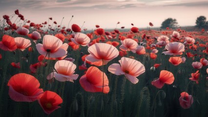 Obraz premium Field of Bright Red Poppies in Full Bloom